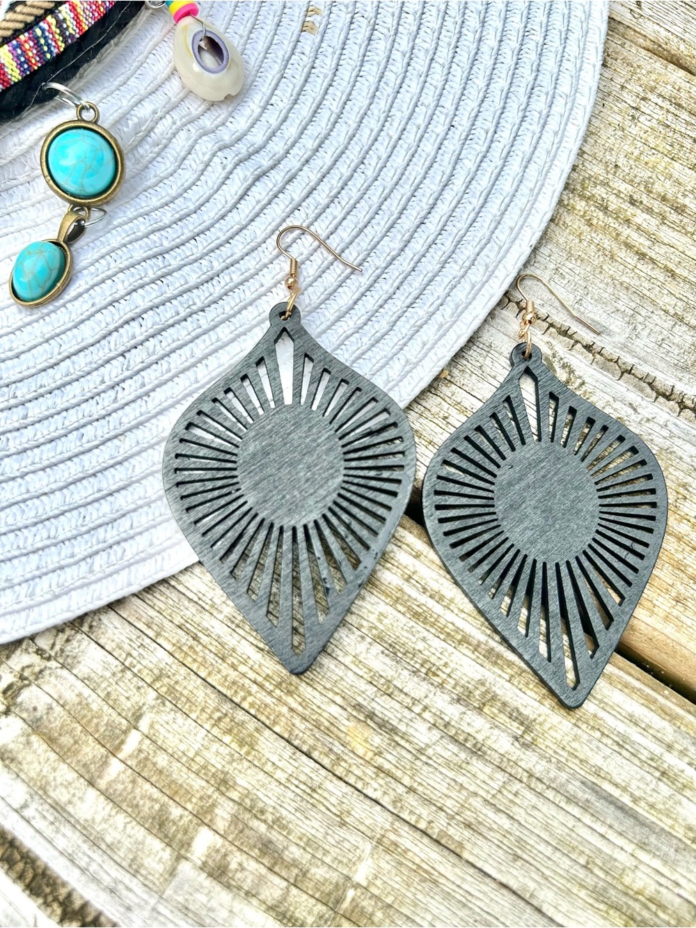 Sunburst Cutout wooden Teardrop boho Earrings w resort vacay shabby chic vibe